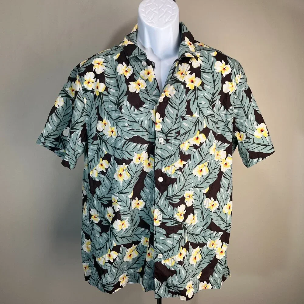 🌺 J. Crew Men’s M Brown Green Yellow Hawaiian Short Sleeve Loop Collar Shirt 🌴